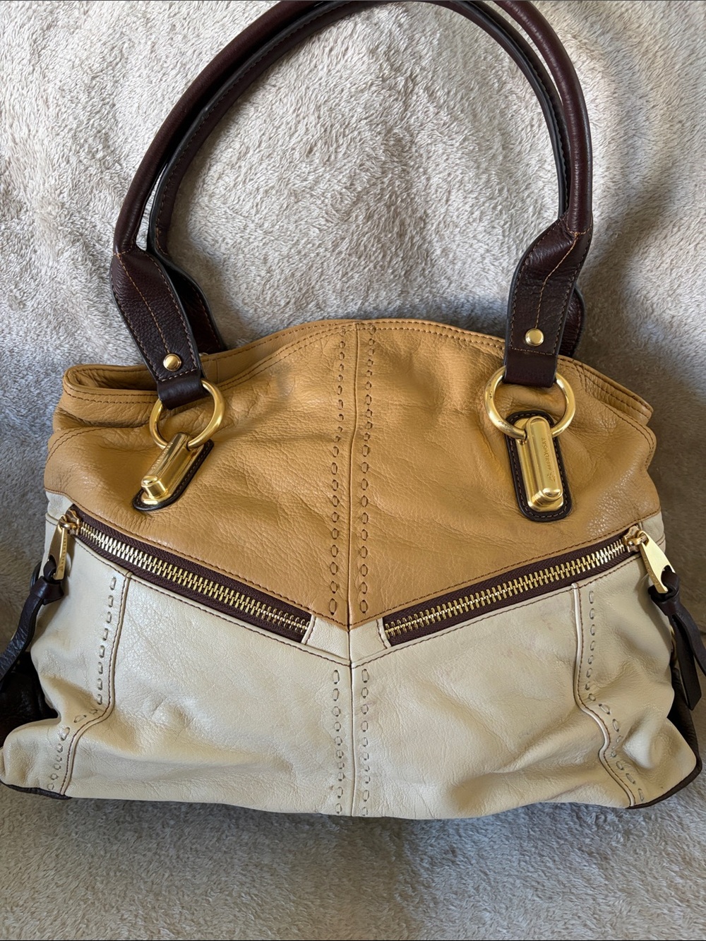 Two-Tone Tan and Cream Leather Shoulder Bag